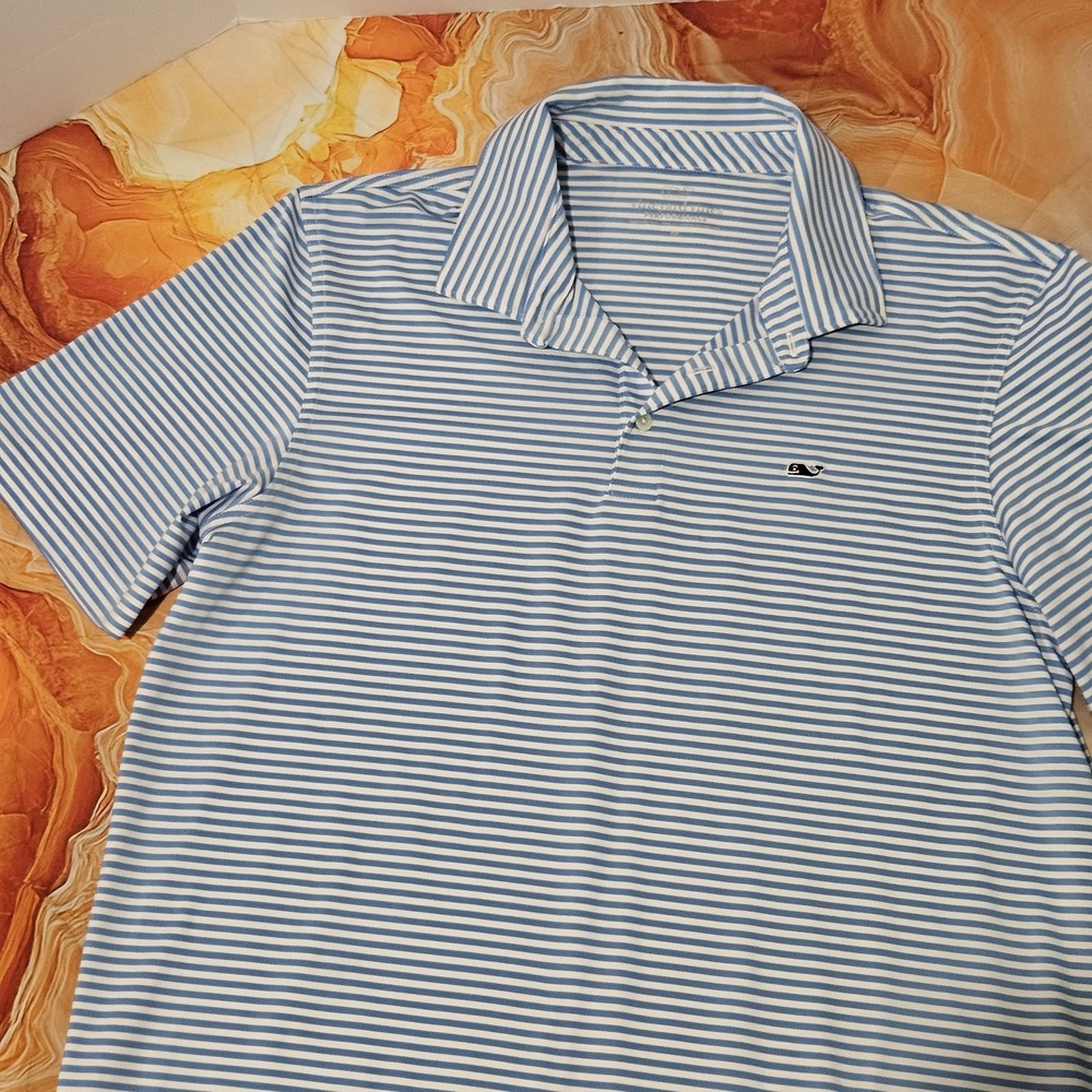 Vineyard Vines Performance Polo Men's Medium Blue White Stripe Short Sleeve